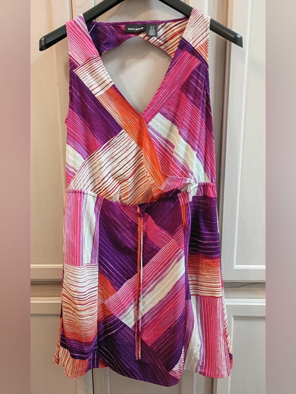 DKNY Jeans Geometric Printed Keyhole Back Faux Wrap Dress Medium Like New